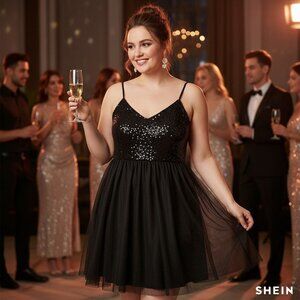 Shein Curve Black Sequin Spaghetti Strap Plus-Size Party Dress 3XL